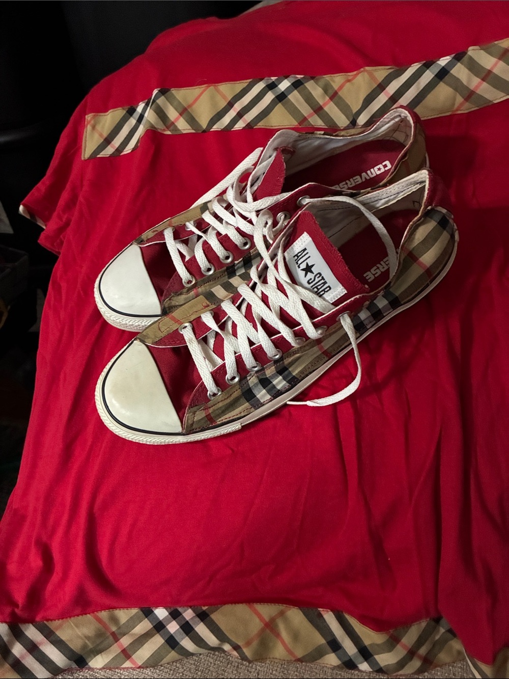 Customized Converse red nova check genuine Burberry plaid low tops.